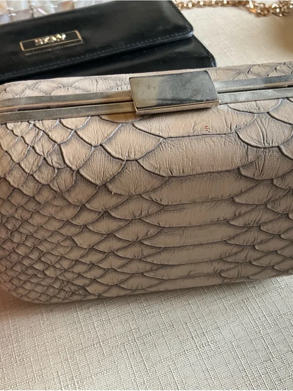 Textured Light Gray Clutch with Metal Frame